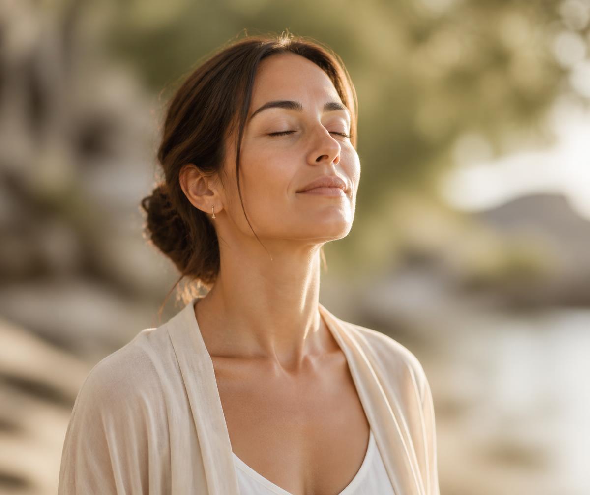 Woman breathing deeply outdoors with a calm, relaxed expression